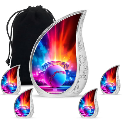 Twilight Blue Baseball Cremation Urn side profile showing urn shape - graceful tear-shaped urn with baseball motif - memorial set with one large and four small urns