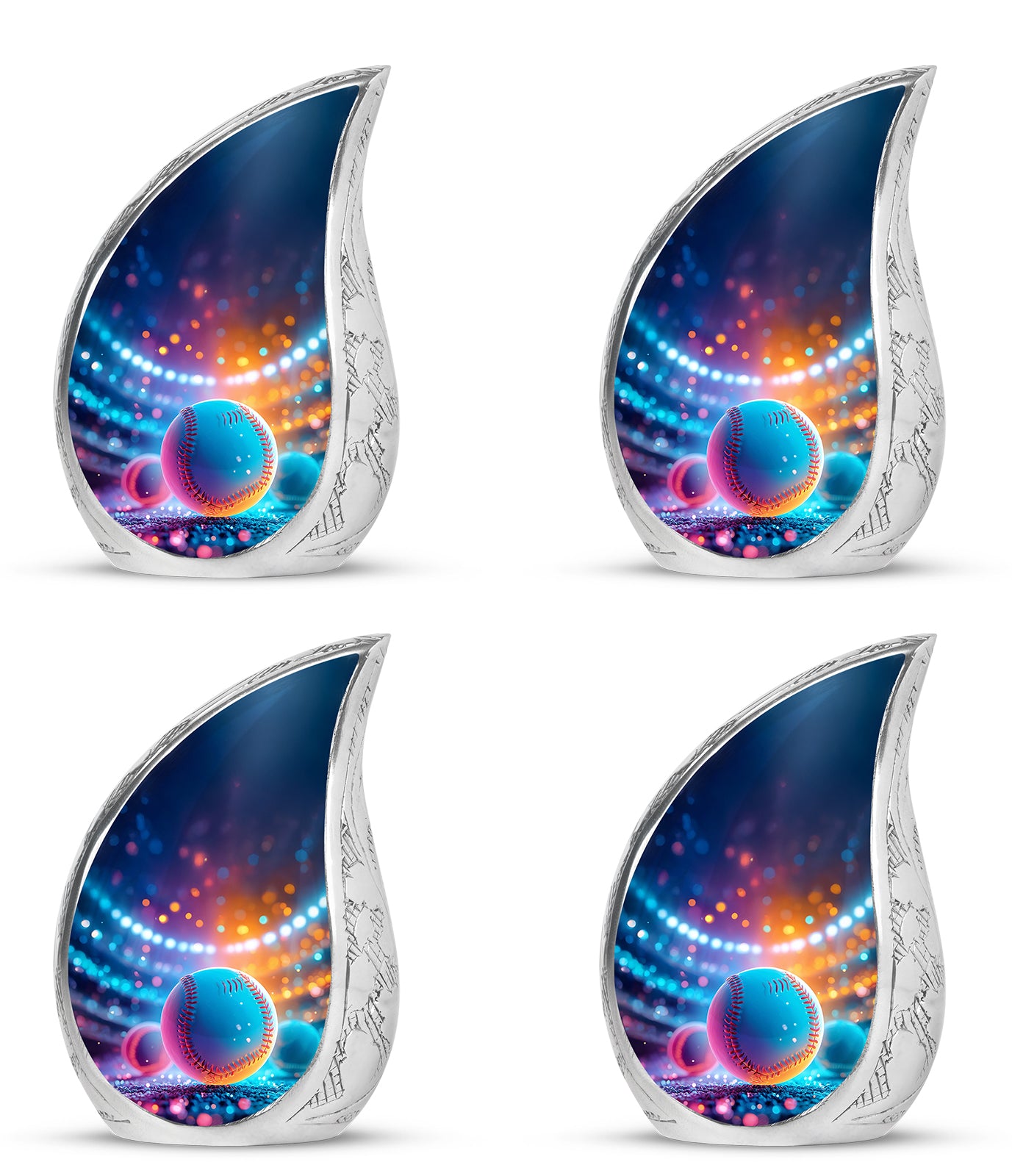 Calming Blue Baseball Cremation Urn close-up of engraving and surface detail - graceful tear-shaped urn with baseball motif - 10 inch aluminum urn for cremated remains