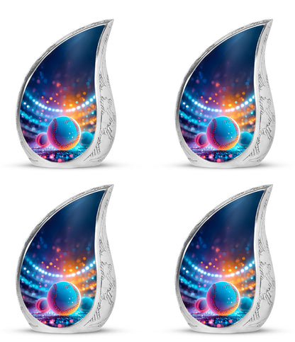 Calming Blue Baseball Cremation Urn close-up of engraving and surface detail - graceful tear-shaped urn with baseball motif - 10 inch aluminum urn for cremated remains