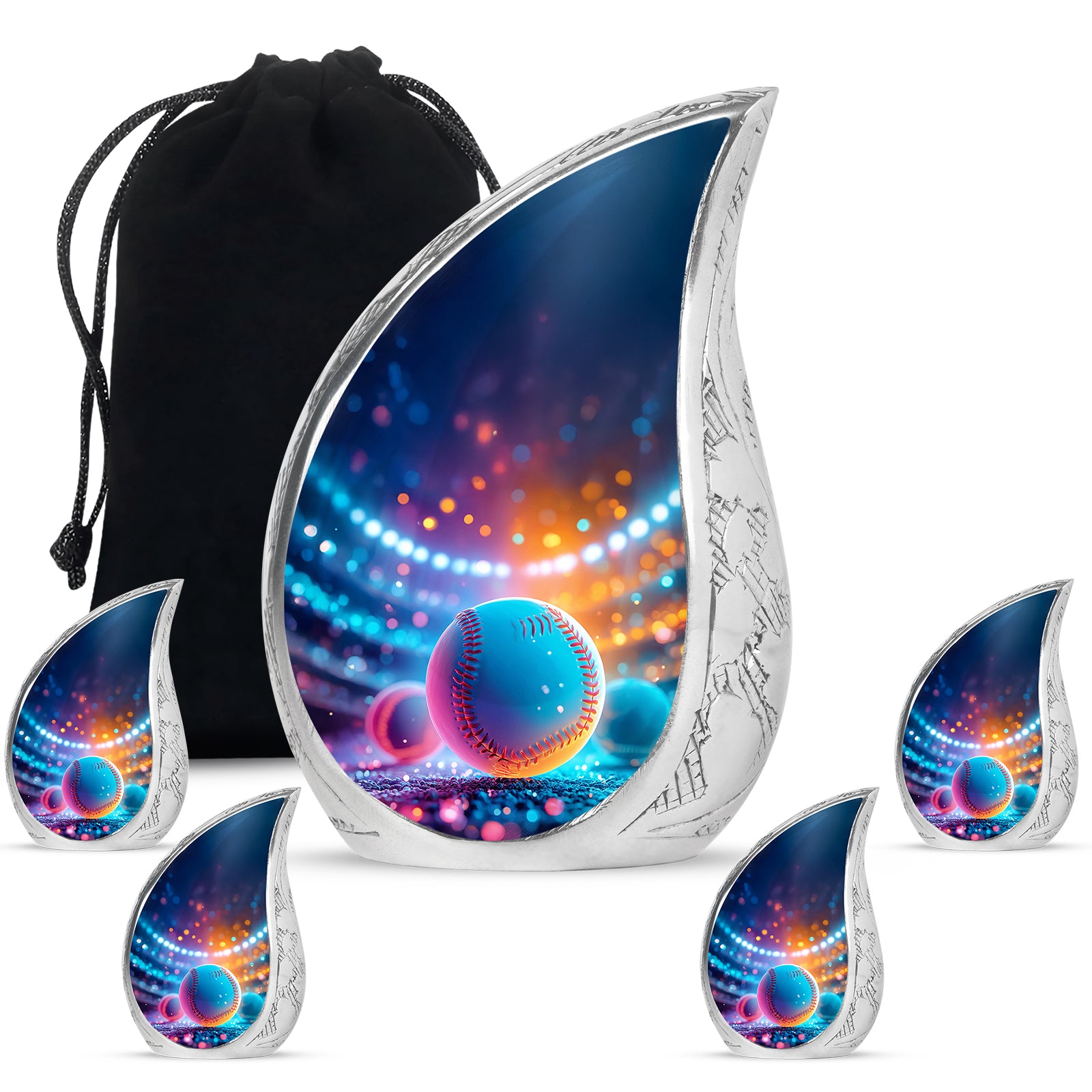 Royal Blue Baseball Cremation Urn side profile showing urn shape - graceful tear-shaped urn with baseball motif - memorial set with one large and four small urns