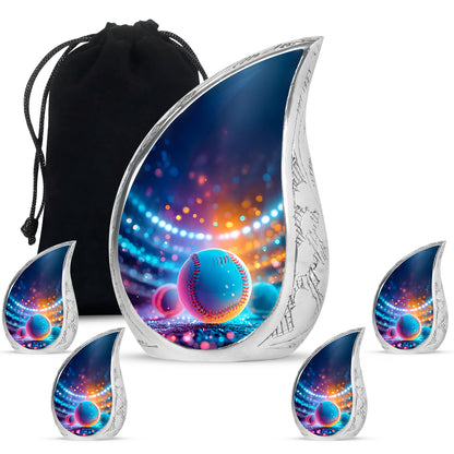 Royal Blue Baseball Cremation Urn side profile showing urn shape - graceful tear-shaped urn with baseball motif - memorial set with one large and four small urns