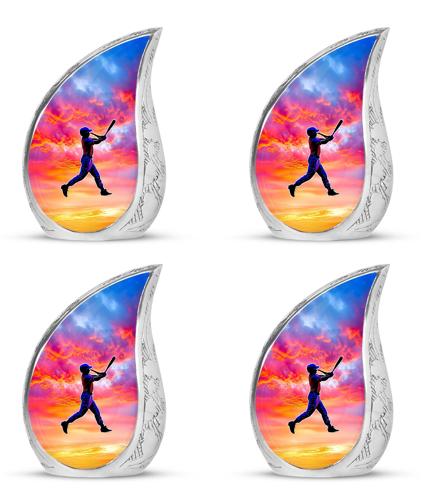 Deep Purple Baseball Cremation Urn close-up of engraving and surface detail - flowing teardrop baseball silhouette on curved aluminum - 10 inch aluminum urn for cremated remains