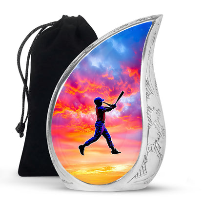 Lavender Purple Baseball Cremation Urn front view showing detailed design - smooth teardrop contour featuring baseball art - full-size 10 inch 200 cubic inch adult cremation urn