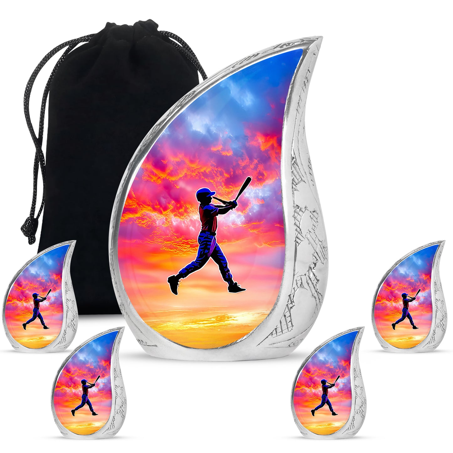 Lavender Purple Baseball Cremation Urn side profile showing urn shape - smooth teardrop contour featuring baseball art - memorial set with one large and four small urns