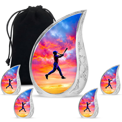 Lavender Purple Baseball Cremation Urn side profile showing urn shape - smooth teardrop contour featuring baseball art - memorial set with one large and four small urns