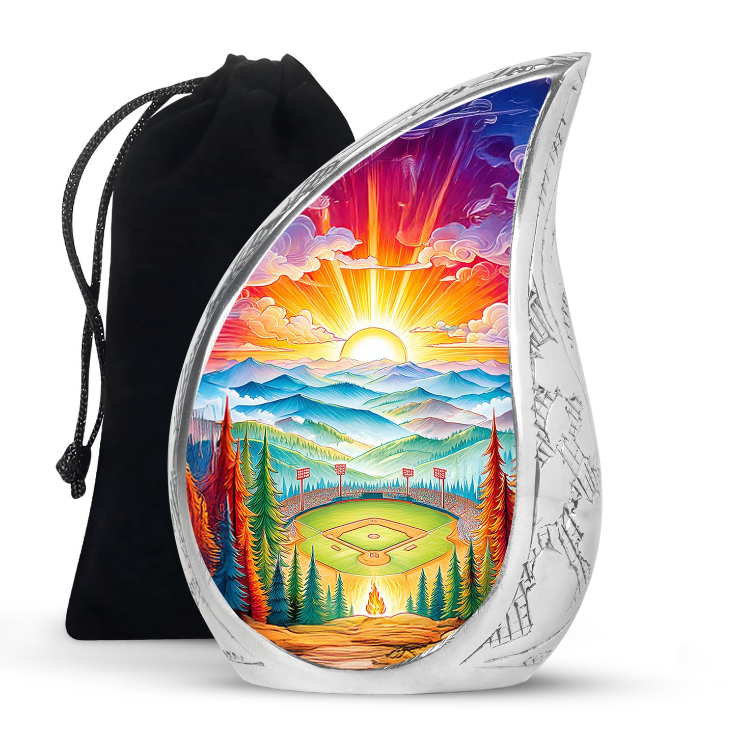 Rich Red Baseball Cremation Urn front view showing detailed design - smooth teardrop contour featuring baseball art - full-size 10 inch 200 cubic inch adult cremation urn