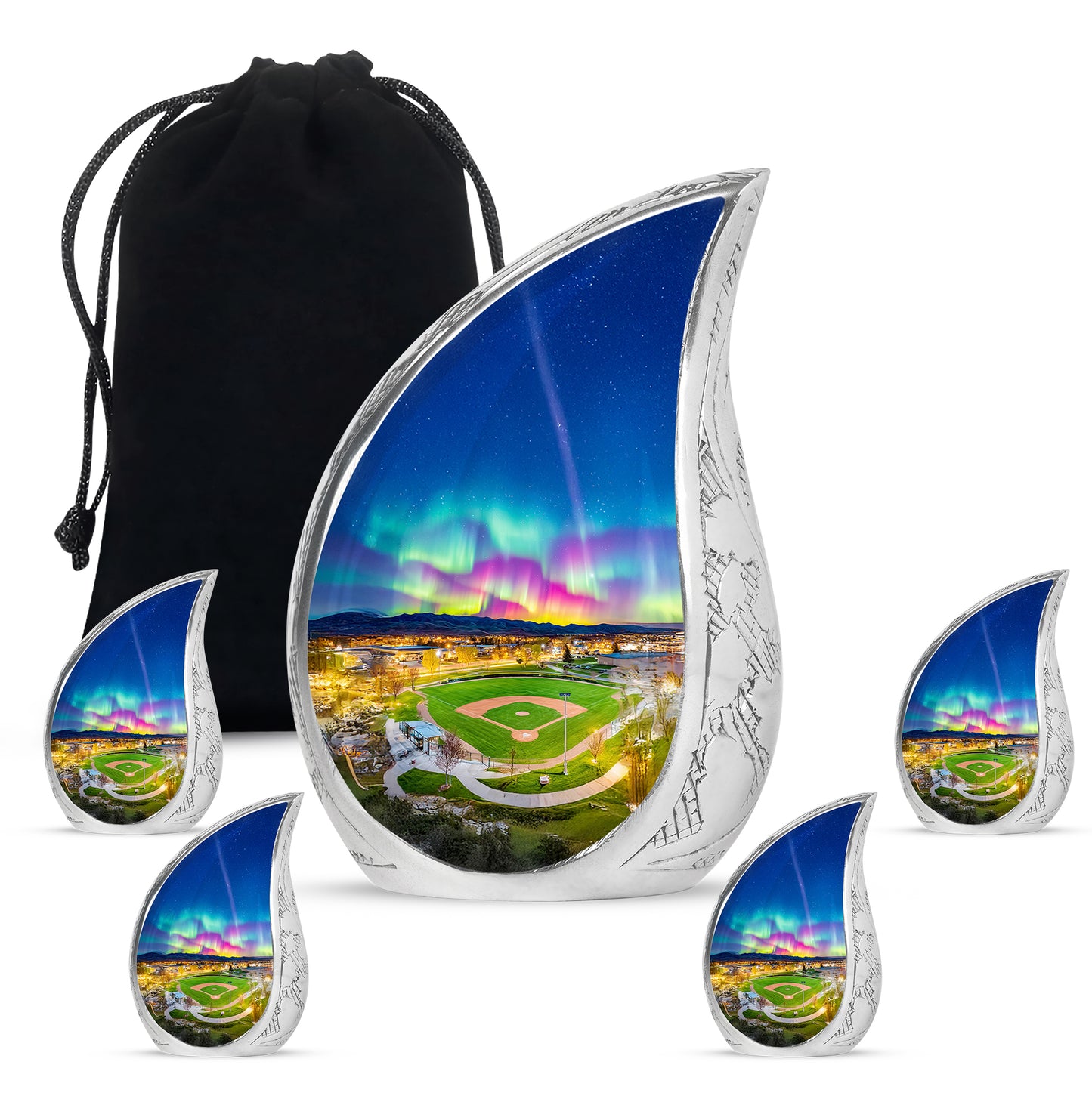 Twilight Blue Baseball Cremation Urn side profile showing urn shape - graceful tear-shaped urn with baseball motif - memorial set with one large and four small urns