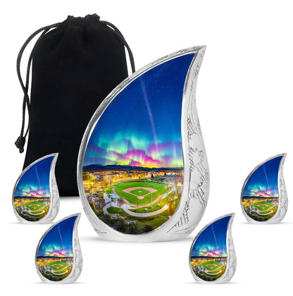 Twilight Blue Baseball Cremation Urn side profile showing urn shape - graceful tear-shaped urn with baseball motif - memorial set with one large and four small urns