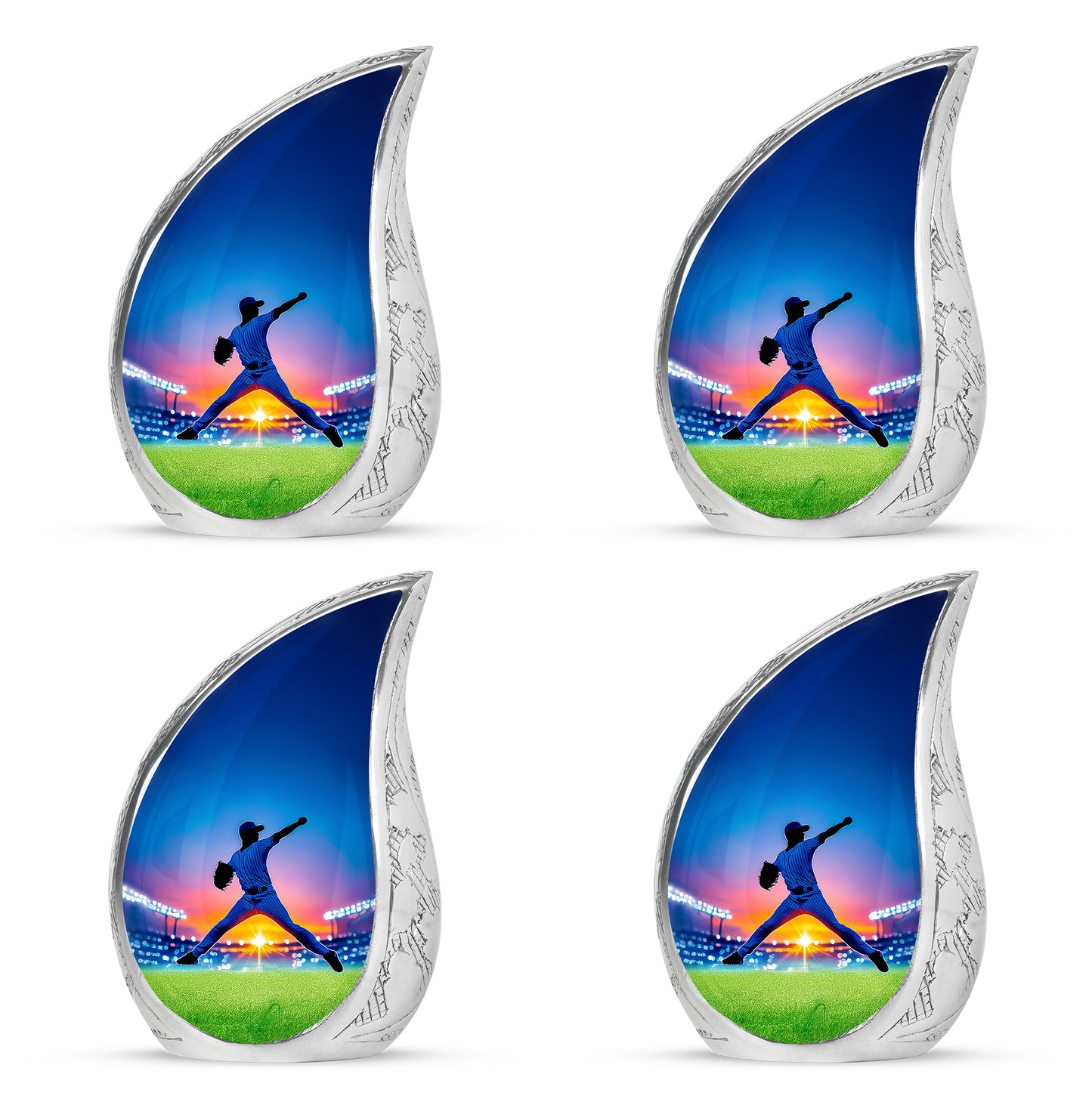 Powder Blue Baseball Cremation Urn close-up of engraving and surface detail - rounded teardrop baseball design with delicate detail - 10 inch aluminum urn for cremated remains