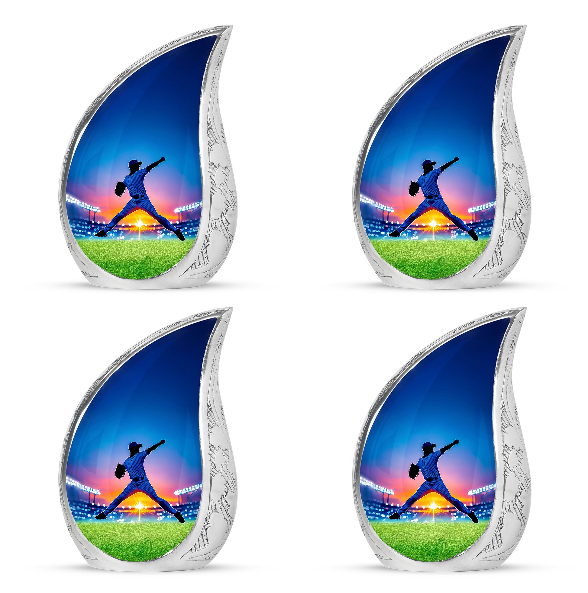 Powder Blue Baseball Cremation Urn close-up of engraving and surface detail - rounded teardrop baseball design with delicate detail - 10 inch aluminum urn for cremated remains