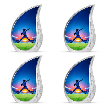 Powder Blue Baseball Cremation Urn close-up of engraving and surface detail - rounded teardrop baseball design with delicate detail - 10 inch aluminum urn for cremated remains