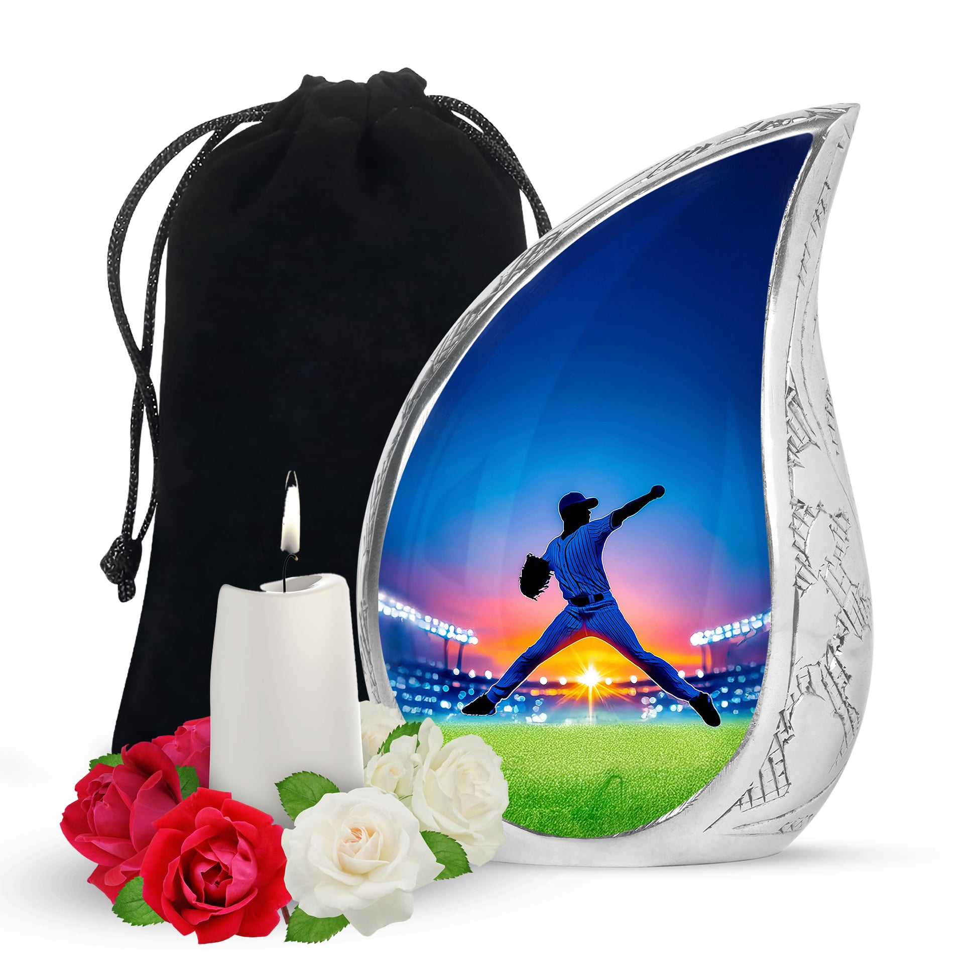 Celestial Blue Baseball Cremation Urn front view showing detailed design - flowing teardrop baseball silhouette on curved aluminum - full-size 10 inch 200 cubic inch adult cremation urn