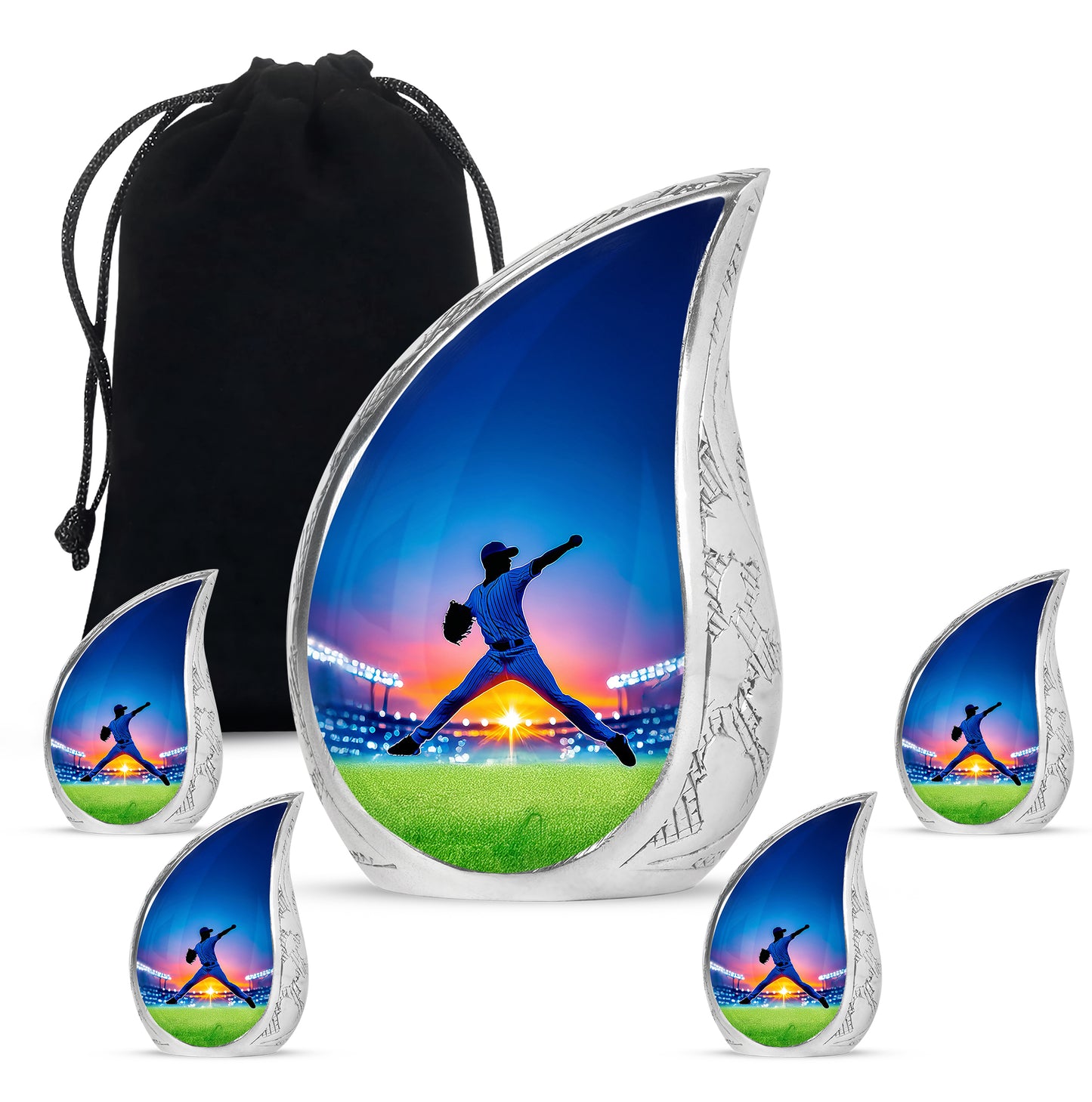 Serene Blue Baseball Cremation Urn side profile showing urn shape - graceful tear-shaped urn with baseball motif - memorial set with one large and four small urns