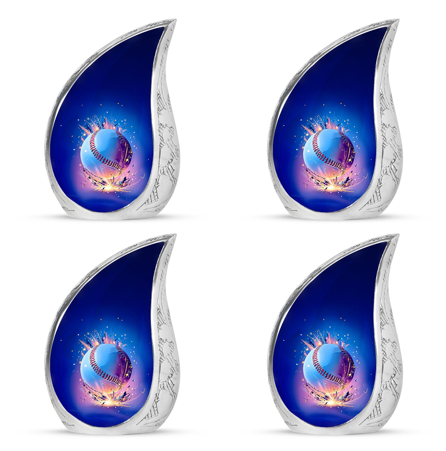 Celestial Blue Baseball Cremation Urn close-up of engraving and surface detail - rounded teardrop baseball design with delicate detail - 10 inch aluminum urn for cremated remains