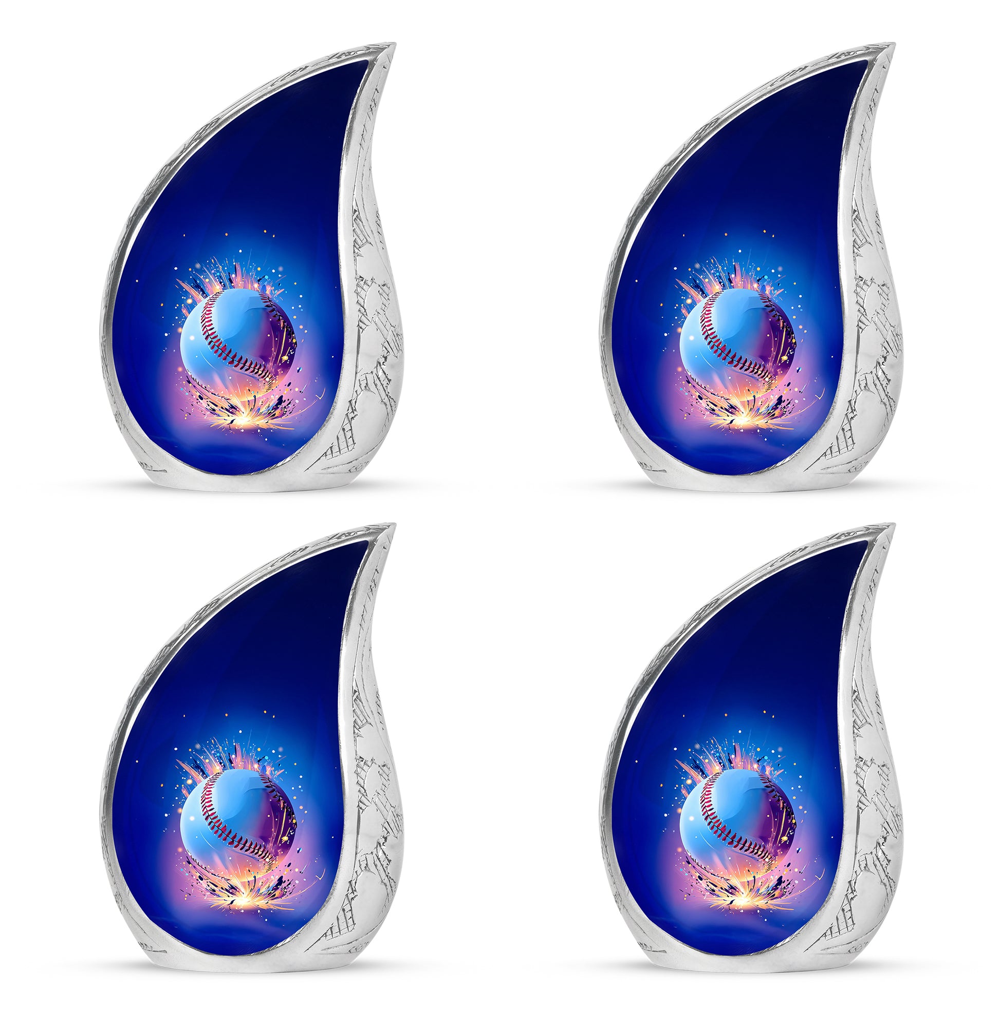 Celestial Blue Baseball Cremation Urn close-up of engraving and surface detail - rounded teardrop baseball design with delicate detail - 10 inch aluminum urn for cremated remains