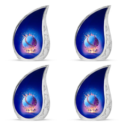 Celestial Blue Baseball Cremation Urn close-up of engraving and surface detail - rounded teardrop baseball design with delicate detail - 10 inch aluminum urn for cremated remains