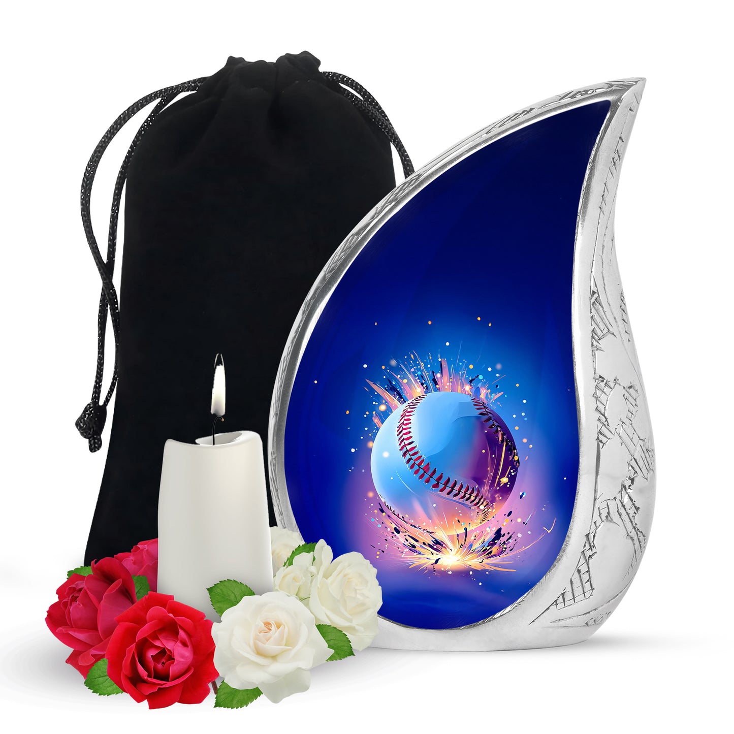 Serene Blue Baseball Cremation Urn front view showing detailed design - smooth teardrop contour featuring baseball art - full-size 10 inch 200 cubic inch adult cremation urn