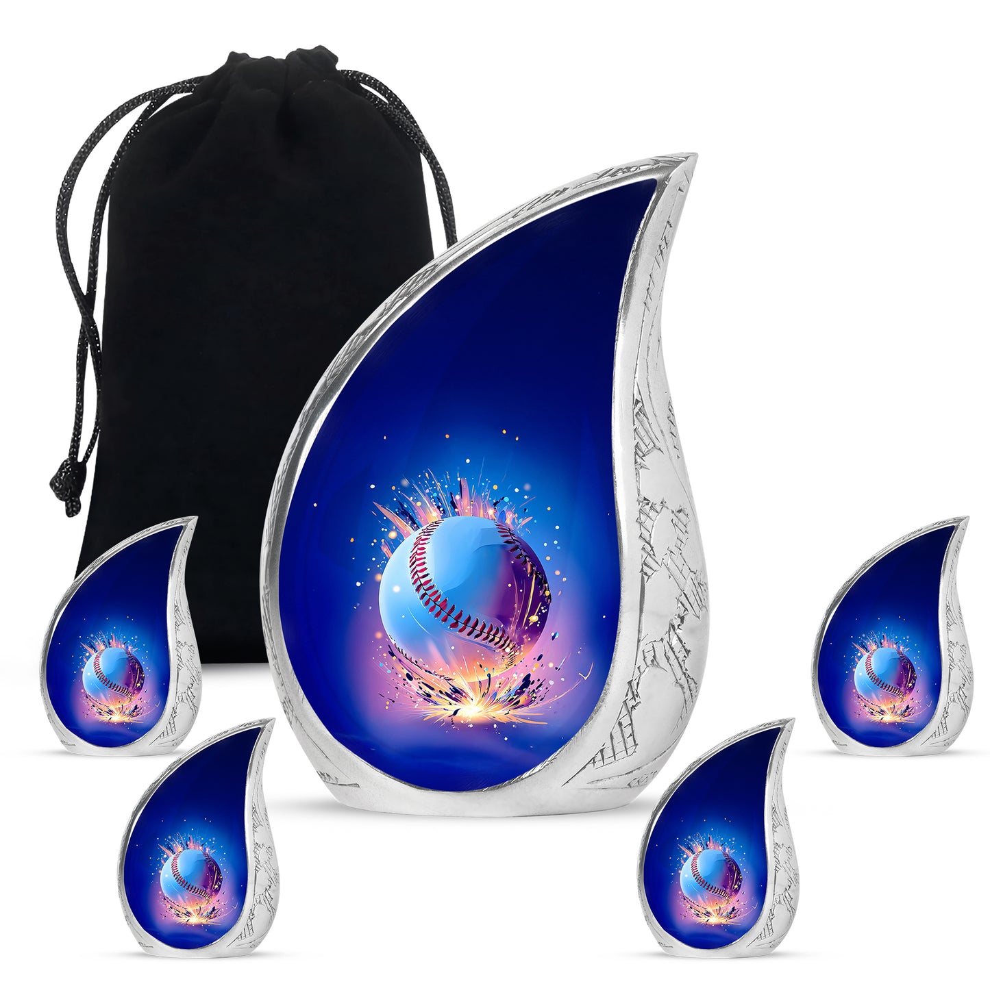 Bright Blue Baseball Cremation Urn side profile showing urn shape - smooth teardrop contour featuring baseball art - memorial set with one large and four small urns
