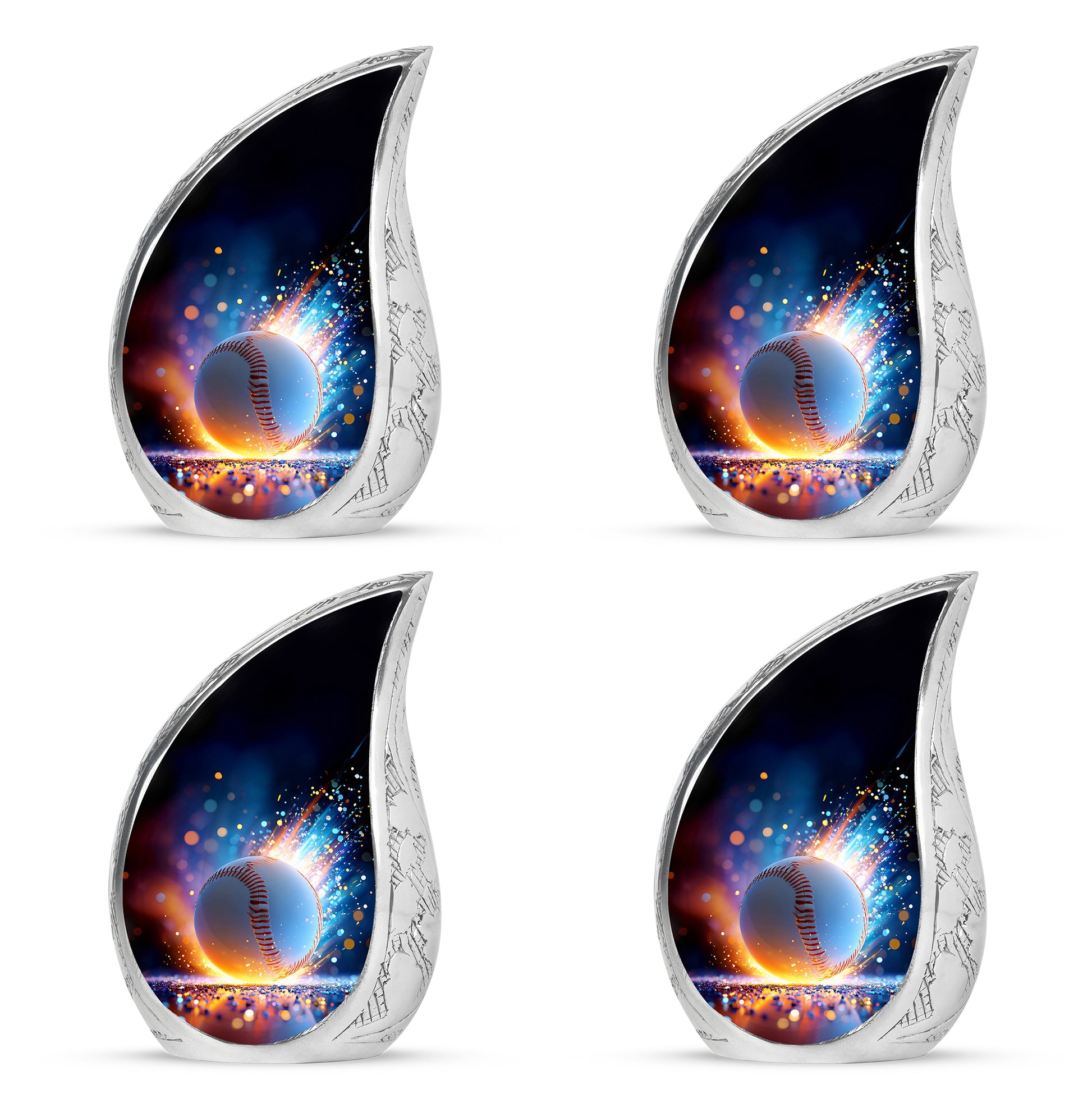 Bright Blue Baseball Cremation Urn close-up of engraving and surface detail - smooth teardrop contour featuring baseball art - 10 inch aluminum urn for cremated remains