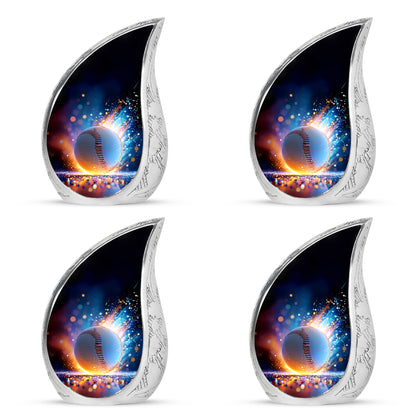 Bright Blue Baseball Cremation Urn close-up of engraving and surface detail - smooth teardrop contour featuring baseball art - 10 inch aluminum urn for cremated remains