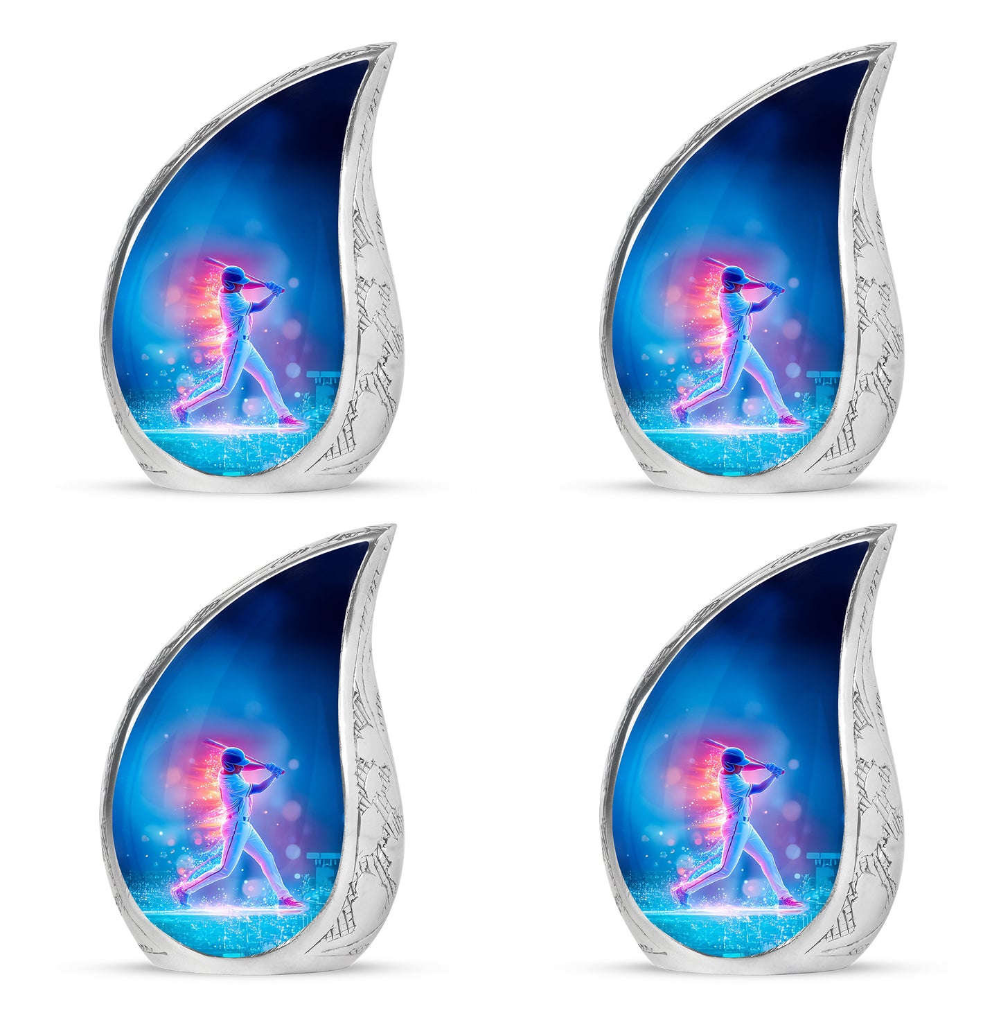Dusty Blue Baseball Cremation Urn close-up of engraving and surface detail - flowing teardrop baseball silhouette on curved aluminum - 10 inch aluminum urn for cremated remains