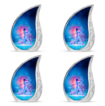 Dusty Blue Baseball Cremation Urn close-up of engraving and surface detail - flowing teardrop baseball silhouette on curved aluminum - 10 inch aluminum urn for cremated remains