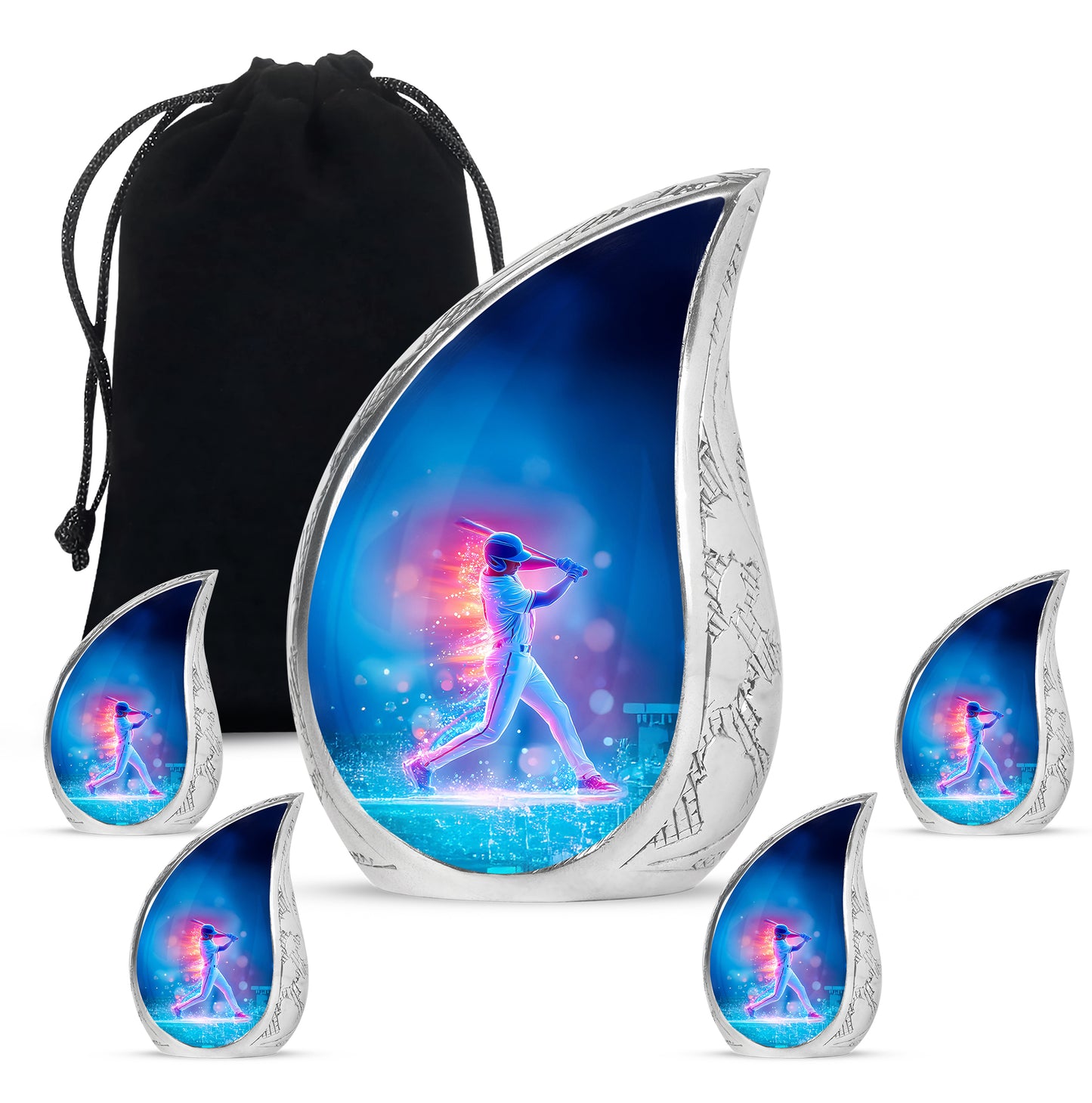 Slate Blue Baseball Cremation Urn side profile showing urn shape - flowing teardrop baseball silhouette on curved aluminum - memorial set with one large and four small urns