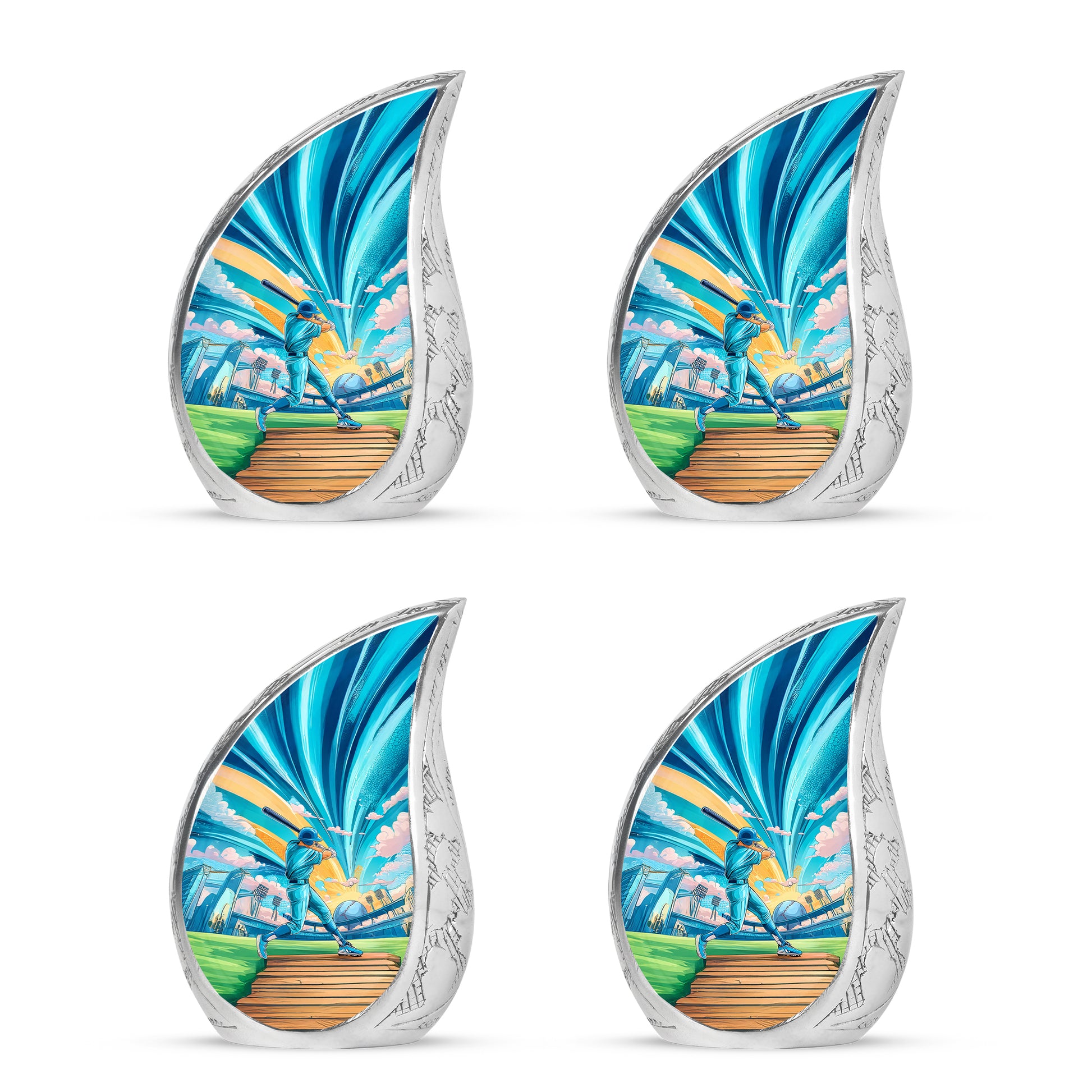 Ocean Teal Baseball Cremation Urn close-up of engraving and surface detail - flowing teardrop baseball silhouette on curved aluminum - 10 inch aluminum urn for cremated remains