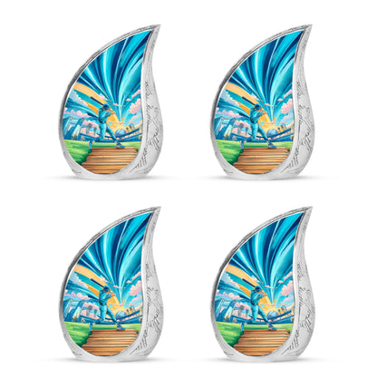 Ocean Teal Baseball Cremation Urn close-up of engraving and surface detail - flowing teardrop baseball silhouette on curved aluminum - 10 inch aluminum urn for cremated remains