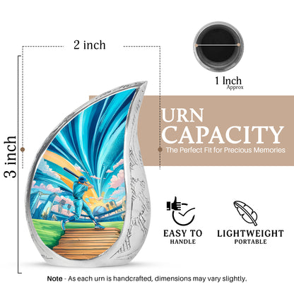 Mystic Teal Baseball Cremation Urn angled view of lid and engraved motif - graceful tear-shaped urn with baseball motif - mini keepsake memorial for portion of cremation ashes