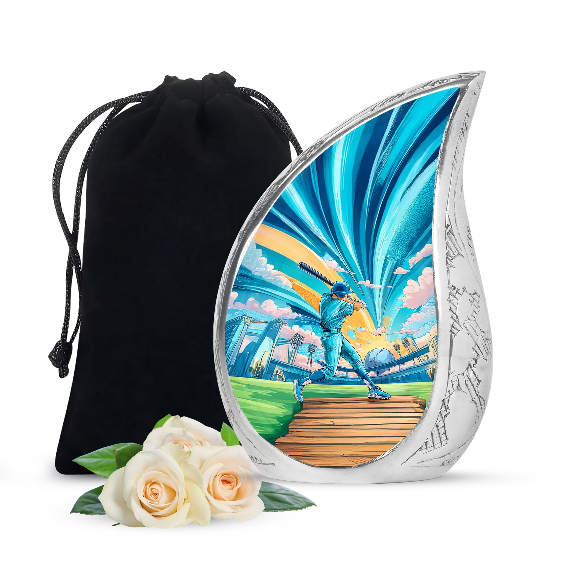 Aqua Teal Baseball Cremation Urn front view showing detailed design - graceful tear-shaped urn with baseball motif - full-size 10 inch 200 cubic inch adult cremation urn