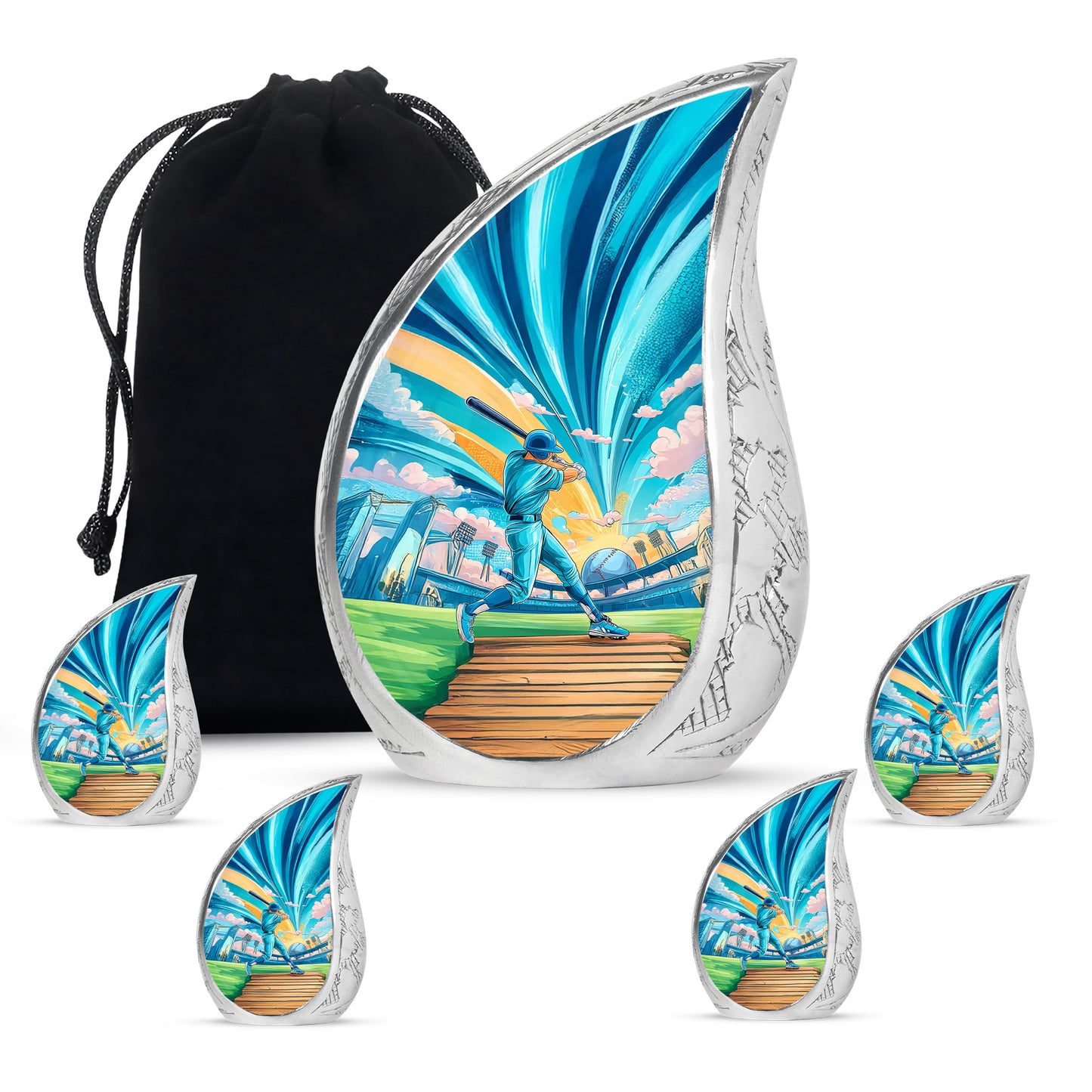 Sea Green Teal Baseball Cremation Urn side profile showing urn shape - rounded teardrop baseball design with delicate detail - memorial set with one large and four small urns