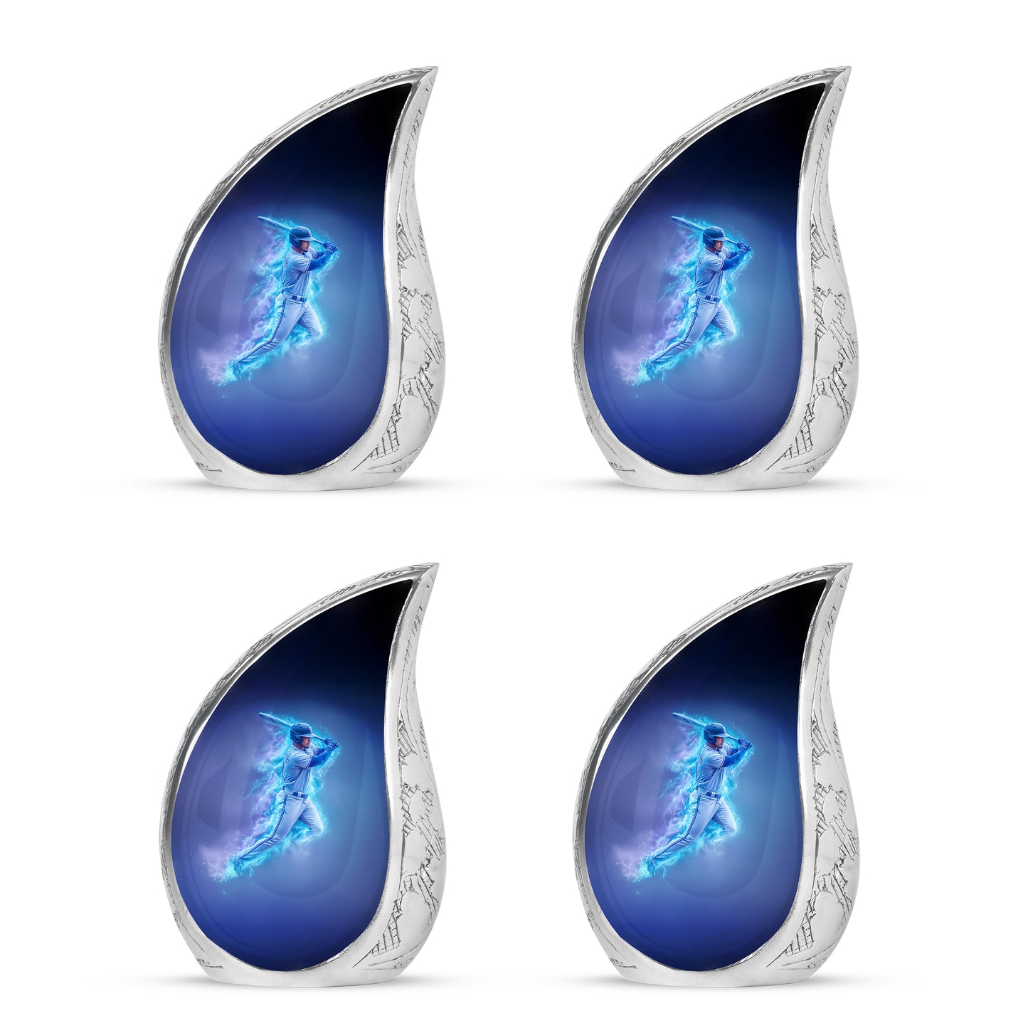 Powder Blue Baseball Cremation Urn close-up of engraving and surface detail - flowing teardrop baseball silhouette on curved aluminum - 10 inch aluminum urn for cremated remains