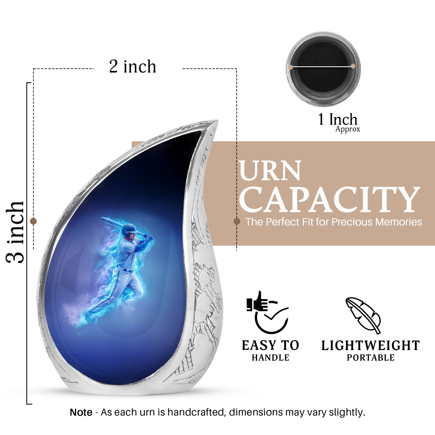 Sapphire Blue Baseball Cremation Urn angled view of lid and engraved motif - graceful tear-shaped urn with baseball motif - mini keepsake memorial for portion of cremation ashes
