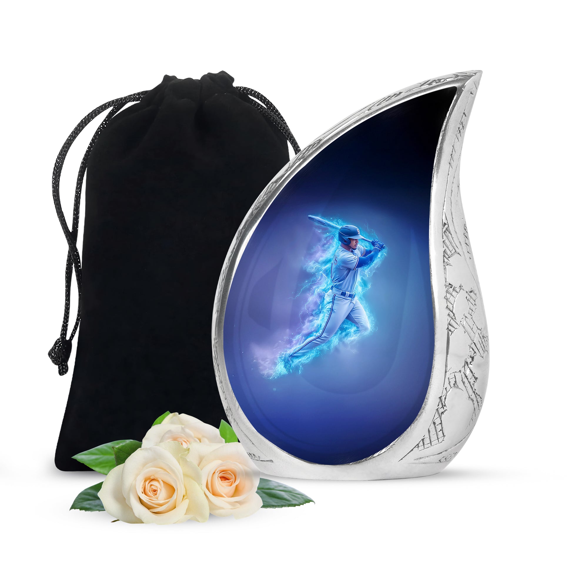 Sky Blue Baseball Cremation Urn front view showing detailed design - rounded teardrop baseball design with delicate detail - full-size 10 inch 200 cubic inch adult cremation urn