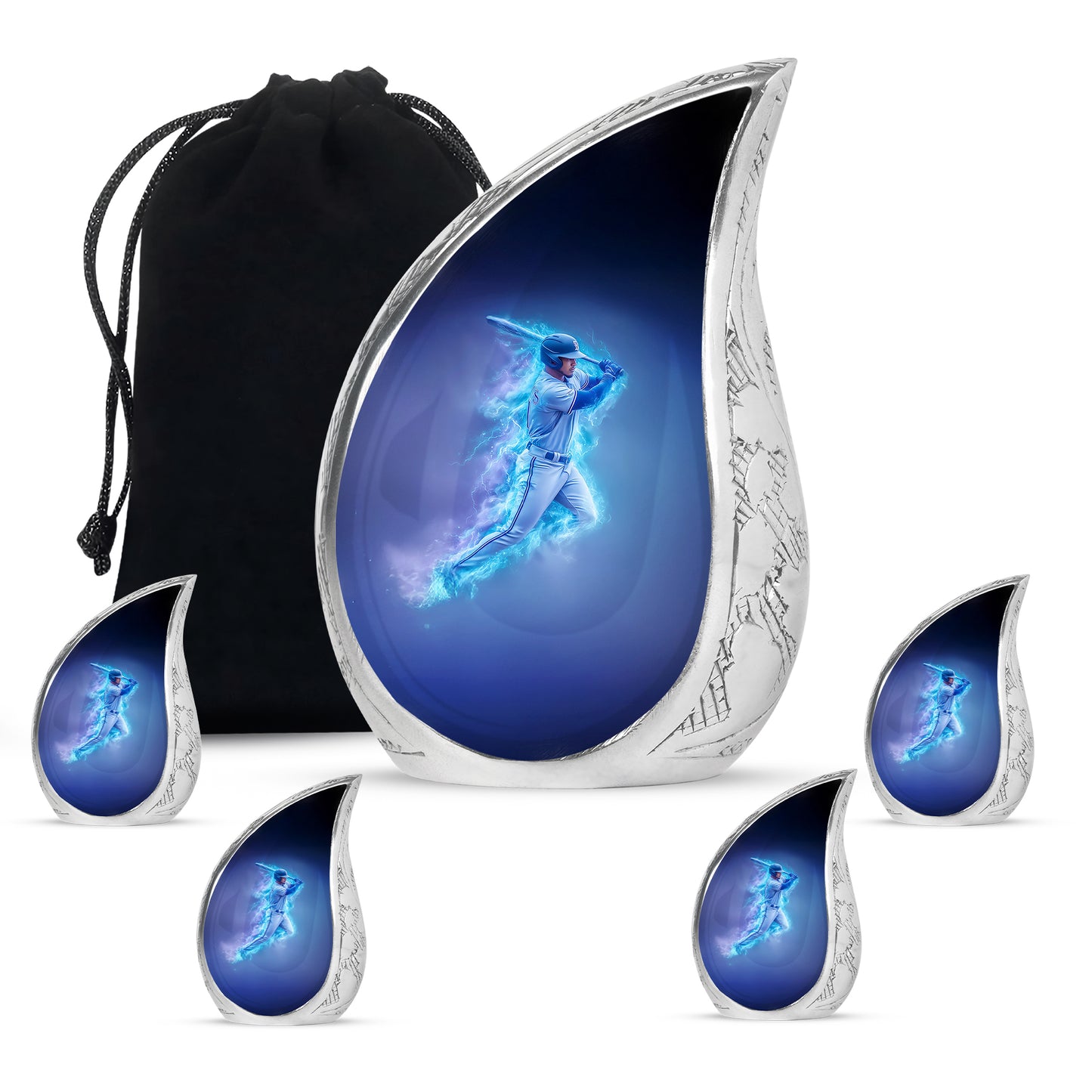 Serene Blue Baseball Cremation Urn side profile showing urn shape - smooth teardrop contour featuring baseball art - memorial set with one large and four small urns