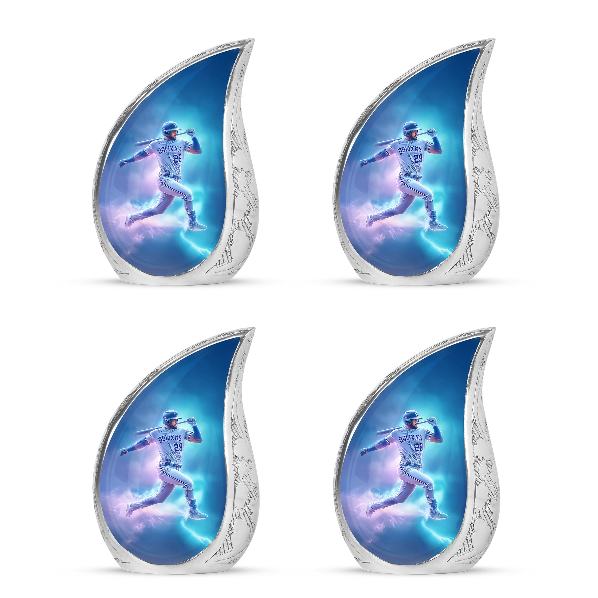 Sky Blue Baseball Cremation Urn close-up of engraving and surface detail - flowing teardrop baseball silhouette on curved aluminum - 10 inch aluminum urn for cremated remains
