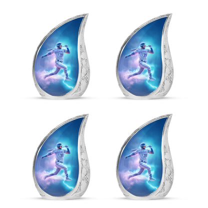 Sky Blue Baseball Cremation Urn close-up of engraving and surface detail - flowing teardrop baseball silhouette on curved aluminum - 10 inch aluminum urn for cremated remains