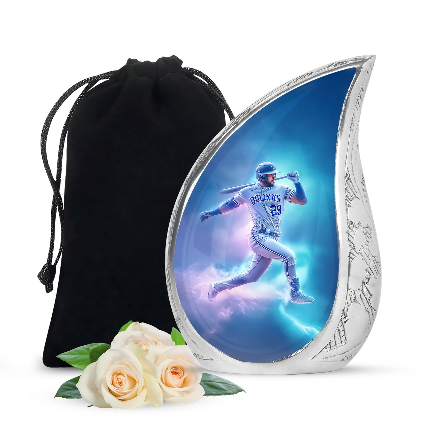 Slate Blue Baseball Cremation Urn front view showing detailed design - flowing teardrop baseball silhouette on curved aluminum - full-size 10 inch 200 cubic inch adult cremation urn