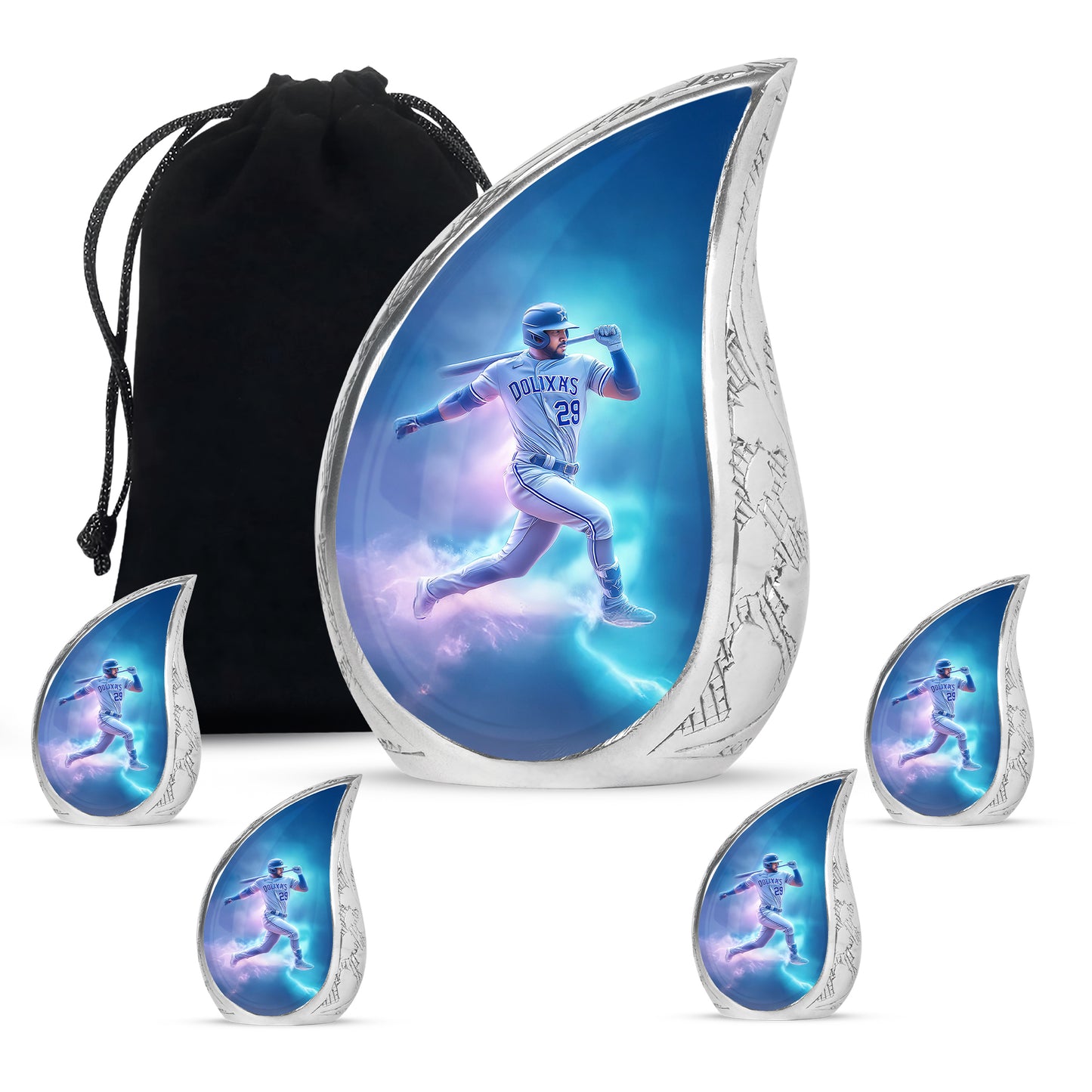 Sky Blue Baseball Cremation Urn side profile showing urn shape - flowing teardrop baseball silhouette on curved aluminum - memorial set with one large and four small urns