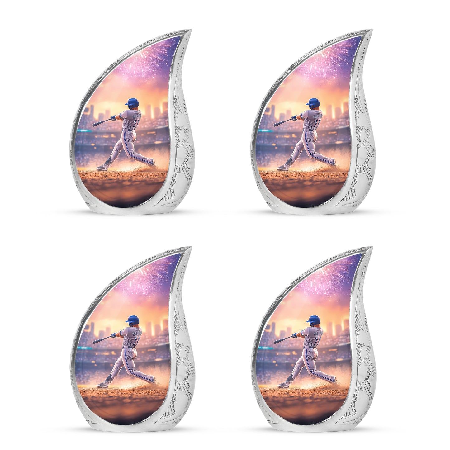 Dusty Pink Baseball Cremation Urn close-up of engraving and surface detail - smooth teardrop contour featuring baseball art - 10 inch aluminum urn for cremated remains