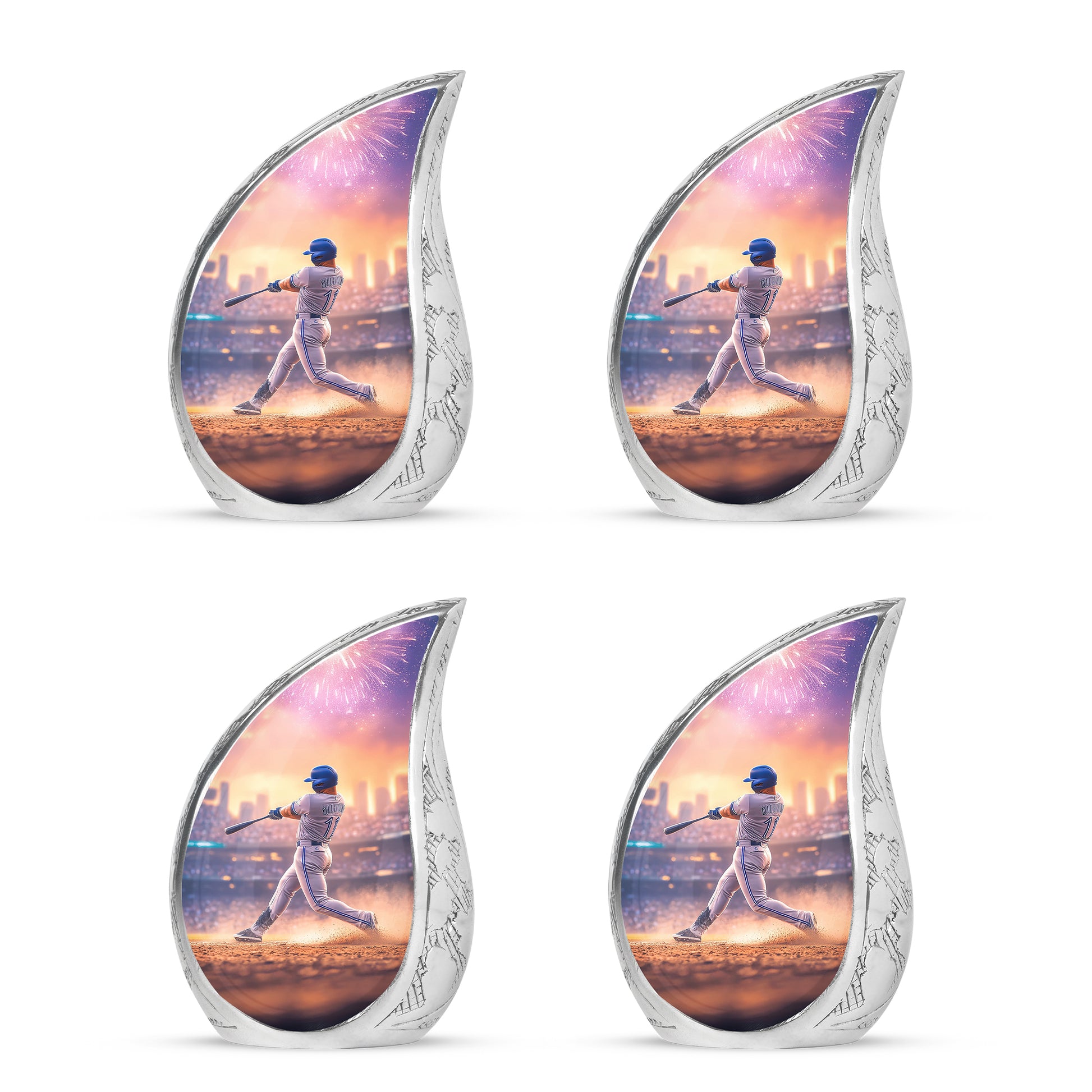 Dusty Pink Baseball Cremation Urn close-up of engraving and surface detail - smooth teardrop contour featuring baseball art - 10 inch aluminum urn for cremated remains