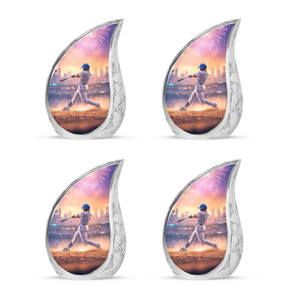 Dusty Pink Baseball Cremation Urn close-up of engraving and surface detail - smooth teardrop contour featuring baseball art - 10 inch aluminum urn for cremated remains