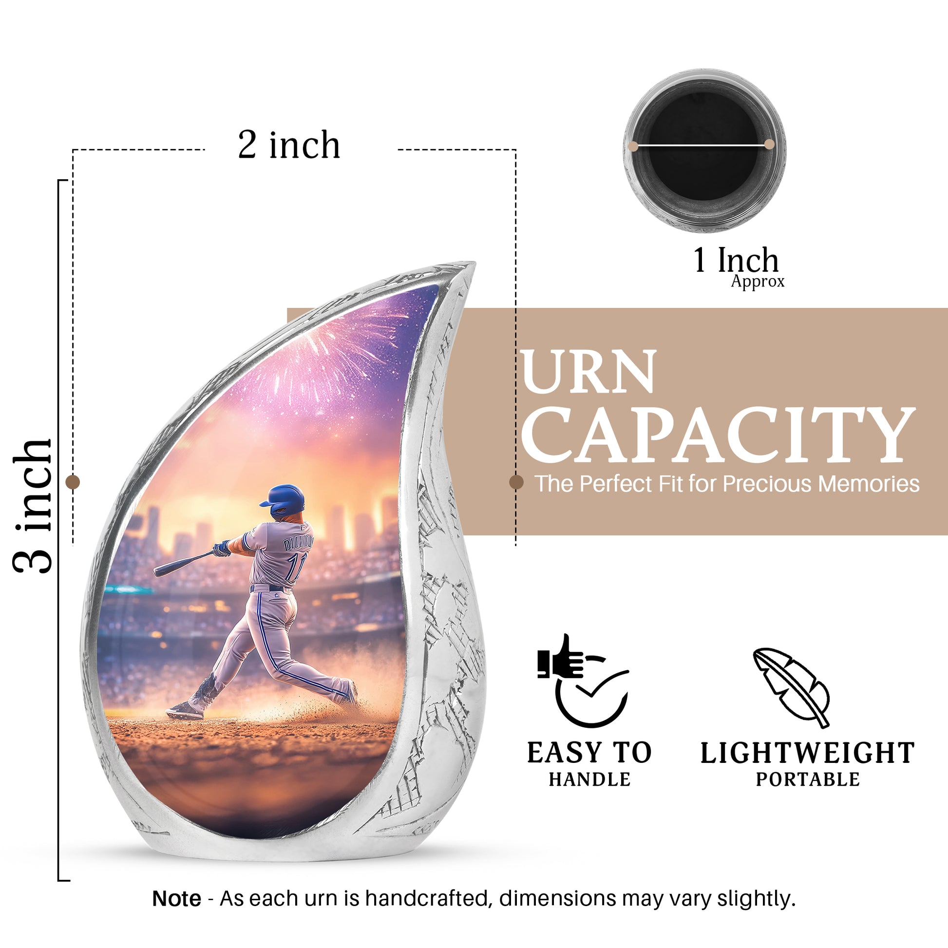 Dusty Pink Baseball Cremation Urn angled view of lid and engraved motif - graceful tear-shaped urn with baseball motif - mini keepsake memorial for portion of cremation ashes