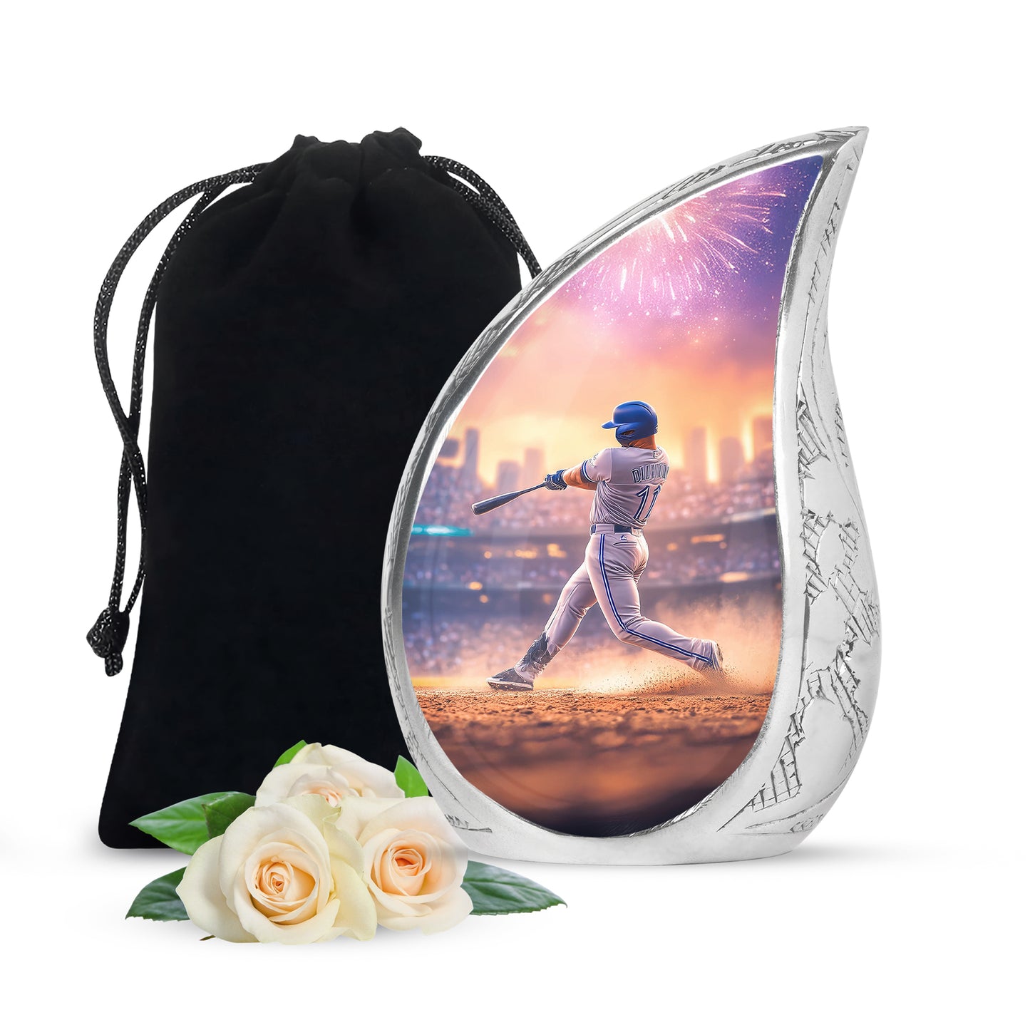 Blush Pink Baseball Cremation Urn front view showing detailed design - flowing teardrop baseball silhouette on curved aluminum - full-size 10 inch 200 cubic inch adult cremation urn