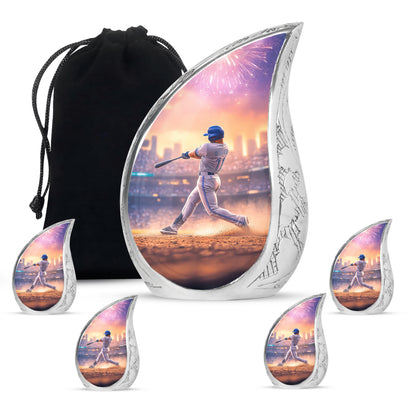 Salmon Pink Baseball Cremation Urn side profile showing urn shape - smooth teardrop contour featuring baseball art - memorial set with one large and four small urns