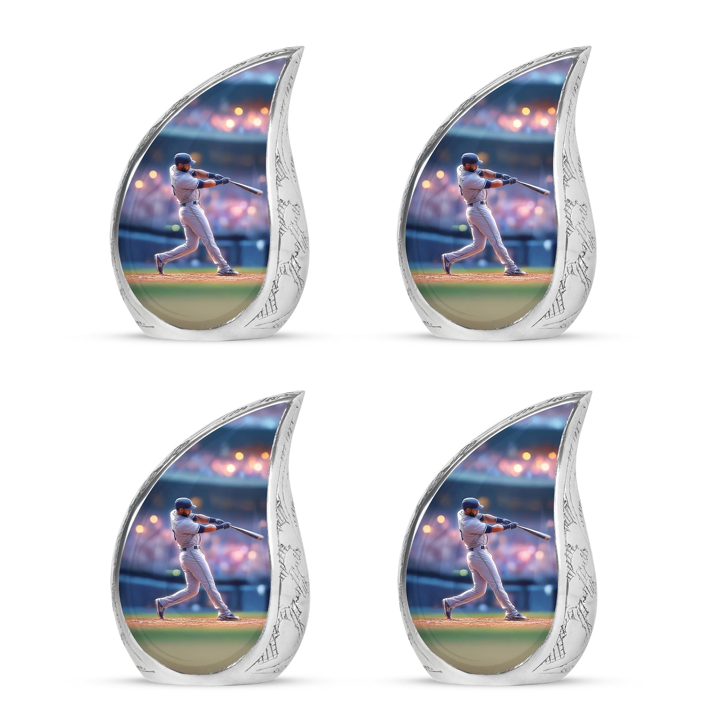 Cobalt Blue Baseball Cremation Urn close-up of engraving and surface detail - graceful tear-shaped urn with baseball motif - 10 inch aluminum urn for cremated remains