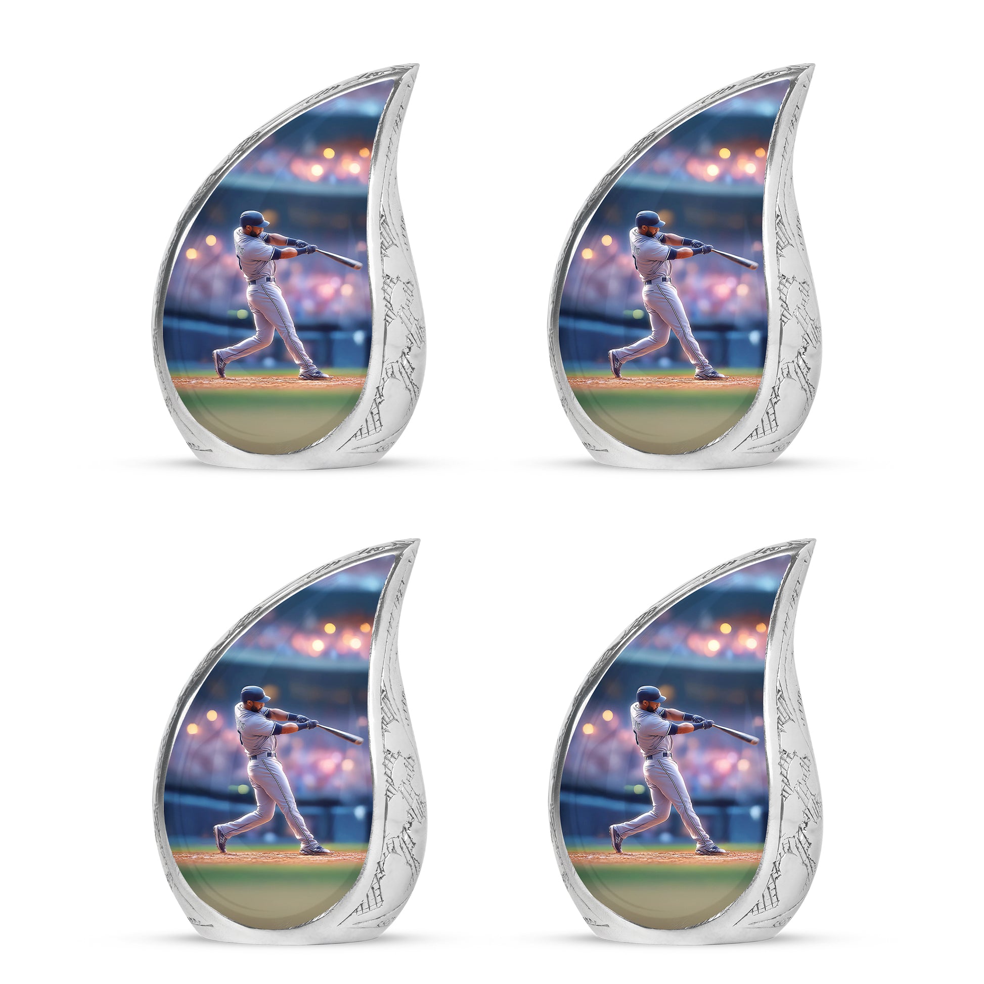 Cobalt Blue Baseball Cremation Urn close-up of engraving and surface detail - graceful tear-shaped urn with baseball motif - 10 inch aluminum urn for cremated remains