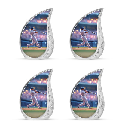 Cobalt Blue Baseball Cremation Urn close-up of engraving and surface detail - graceful tear-shaped urn with baseball motif - 10 inch aluminum urn for cremated remains