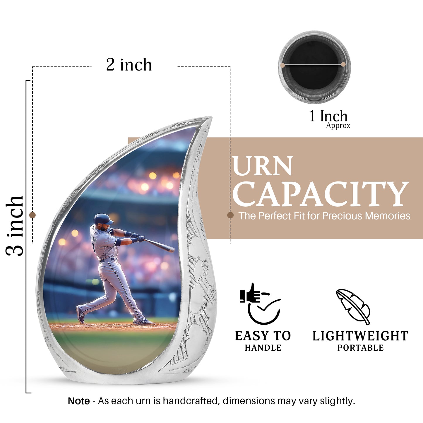 Royal Blue Baseball Cremation Urn angled view of lid and engraved motif - smooth teardrop contour featuring baseball art - mini keepsake memorial for portion of cremation ashes